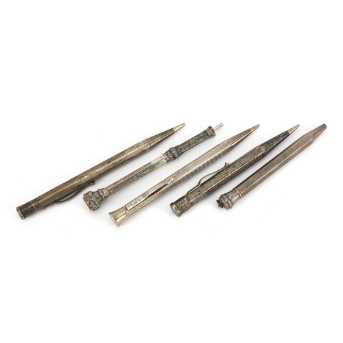 271 - Five antique and later silver propelling pencils including Yard-O-Led, the largest 11.5cm in length