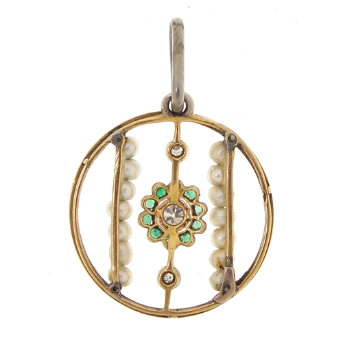 1757 - Unmarked gold diamond, emerald, seed pearl and white enamel pendant, 2.8cm high, 1.7g