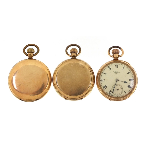 2172 - Two gold plated full hunter pocket watches and a Waltham gold plated open face pocket watch, the lar... 