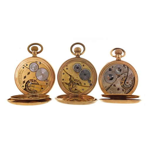 2172 - Two gold plated full hunter pocket watches and a Waltham gold plated open face pocket watch, the lar... 