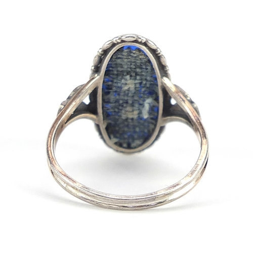 2169 - 800 silver marcasite and blue enamel ring, size T, 3.5g