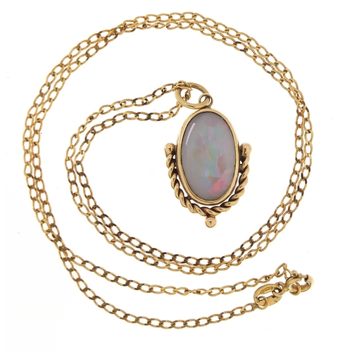 1640 - 9ct gold opal pendant on a 9ct gold necklace, 2.7cm high and 46cm in length, 4.7g