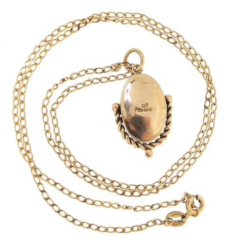 1640 - 9ct gold opal pendant on a 9ct gold necklace, 2.7cm high and 46cm in length, 4.7g