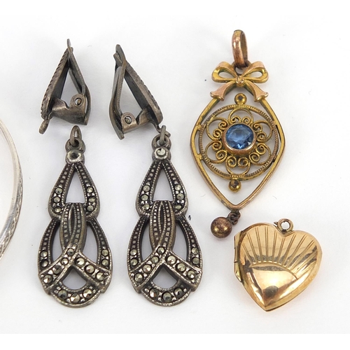 2184 - Antique and later jewellery including marcasite earrings, 9ct gold back and front love heart locket ... 