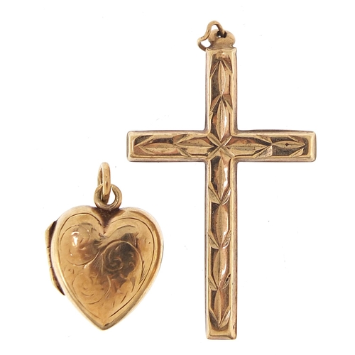 1805 - 9ct gold jewellery comprising love heart locket, cross pendant and garnet ring, the pendant 3.5cm hi... 