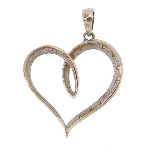 2033 - 9ct white gold diamond love heart pendant, 3.2cm high, 1.8g