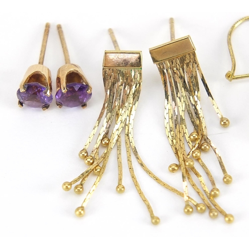 1840 - Three pairs of 9ct gold earrings including amethyst studs, the largest 3cm high, total 2.5g