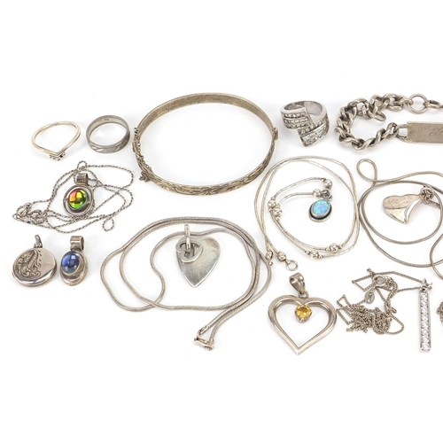 1996 - Silver jewellery including necklaces, charm bracelet, identity bracelet, semi precious stone pendant... 