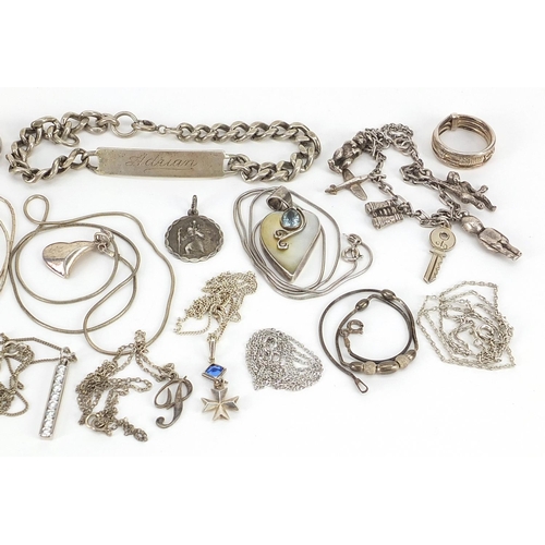 1996 - Silver jewellery including necklaces, charm bracelet, identity bracelet, semi precious stone pendant... 