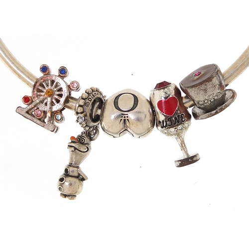 2073 - Pandora silver charm bracelet and necklace with charms, the bracelet 7cm in diameter, the necklace 5... 