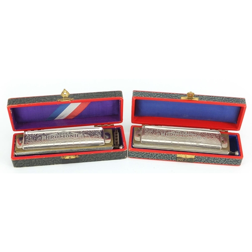 945 - Two M Hohner Super Chromonica harmonicas with boxes