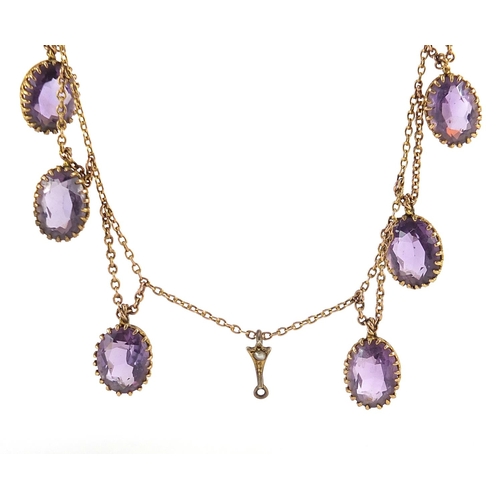 1632 - Antique unmarked gold amethyst necklace, (tests as 9ct gold) 50cm in length, 19.0g