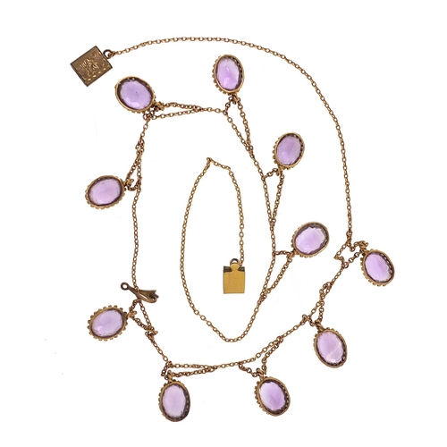 1632 - Antique unmarked gold amethyst necklace, (tests as 9ct gold) 50cm in length, 19.0g