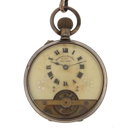 2055 - Hebdomas, gentlemen's silver open face pocket watch on a silver watch chain with T bar and jewel, 46... 