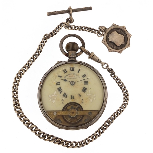 2055 - Hebdomas, gentlemen's silver open face pocket watch on a silver watch chain with T bar and jewel, 46... 