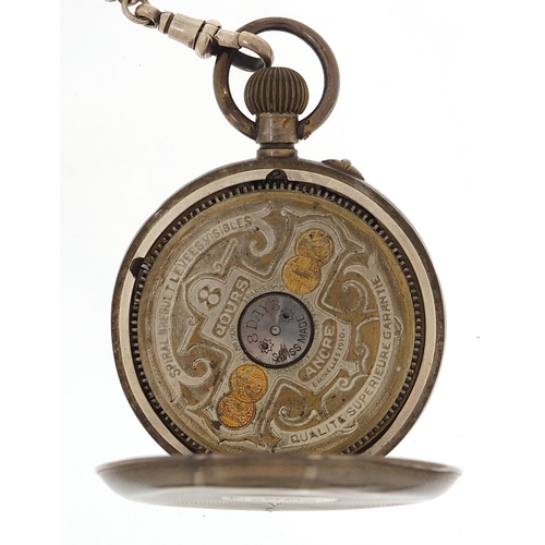 2055 - Hebdomas, gentlemen's silver open face pocket watch on a silver watch chain with T bar and jewel, 46... 