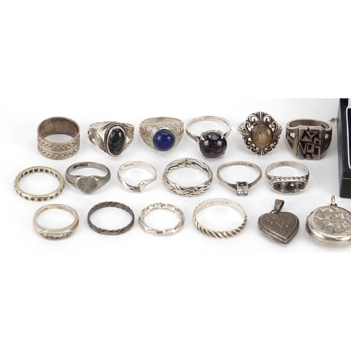 2177 - Collection of silver and white metal rings, lockets and cufflinks, some set with semi precious stone... 