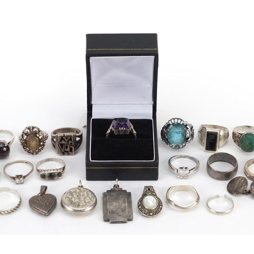 2177 - Collection of silver and white metal rings, lockets and cufflinks, some set with semi precious stone... 