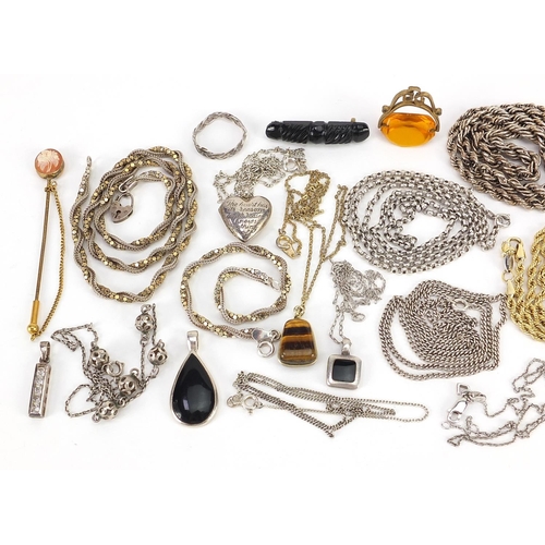 2180 - Vintage and later jewellery including silver necklaces, jet brooch and citrine spinner fob, total we... 