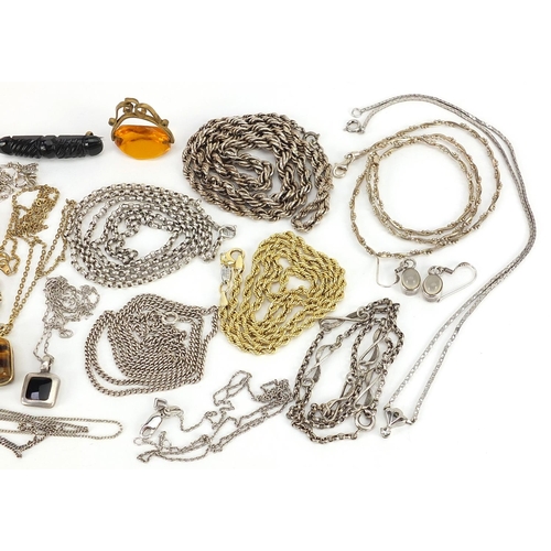 2180 - Vintage and later jewellery including silver necklaces, jet brooch and citrine spinner fob, total we... 