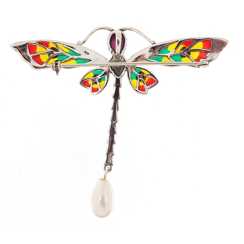 2122 - Silver marcasite and plique a jour enamel dragonfly brooch set with rubies and a pearl, 7cm wide, 10... 