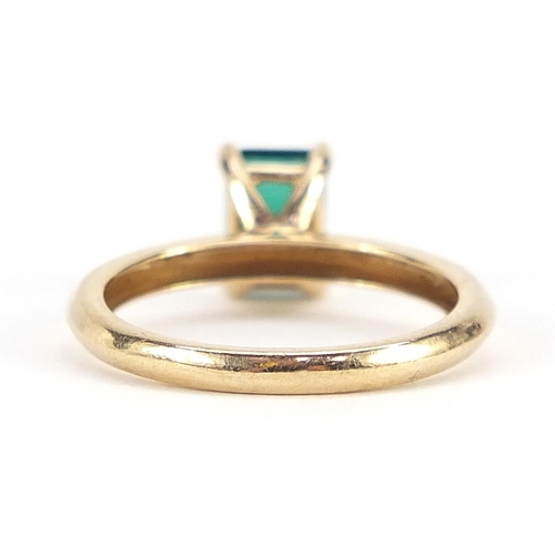 1754 - 9ct gold emerald solitaire ring, size L, 2.3g