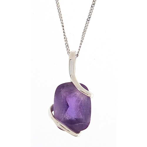 1817 - 9ct white gold amethyst pendant on chain with matching earrings, the pendant 1.2cm high, total 1.7g