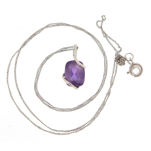 1817 - 9ct white gold amethyst pendant on chain with matching earrings, the pendant 1.2cm high, total 1.7g