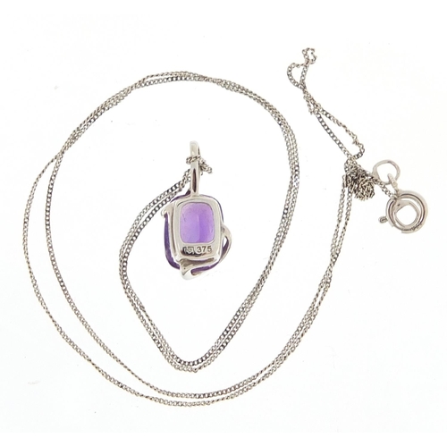 1817 - 9ct white gold amethyst pendant on chain with matching earrings, the pendant 1.2cm high, total 1.7g