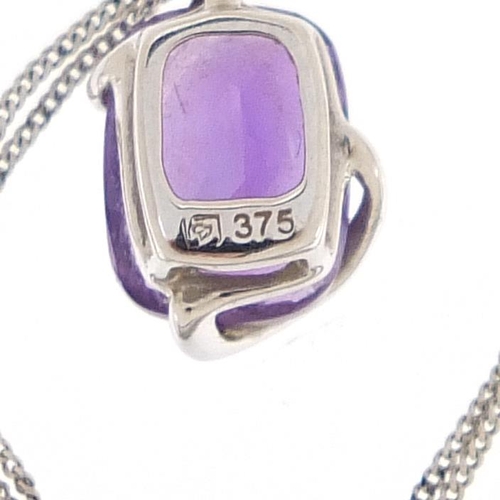 1817 - 9ct white gold amethyst pendant on chain with matching earrings, the pendant 1.2cm high, total 1.7g