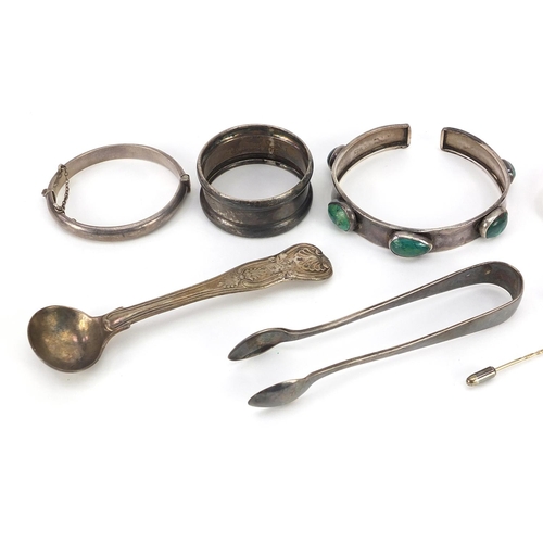 748 - Georgian and later silver objects and jewellery including enamelled articulated fish, sugar tongs an... 