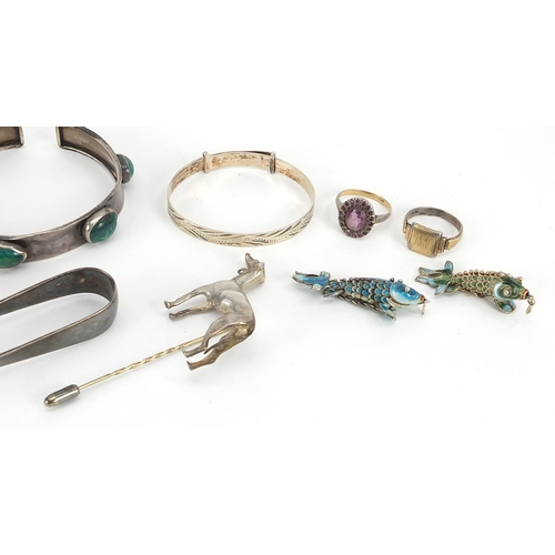 748 - Georgian and later silver objects and jewellery including enamelled articulated fish, sugar tongs an... 