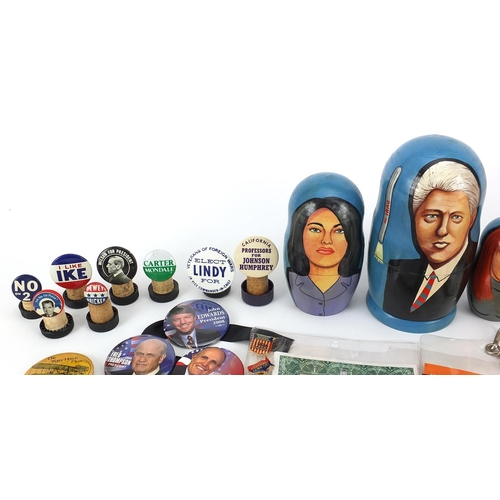 1241 - American Political interest collectables including badges and a Russian stacking doll hand painted w... 