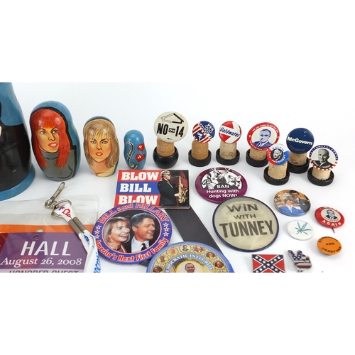 1241 - American Political interest collectables including badges and a Russian stacking doll hand painted w... 