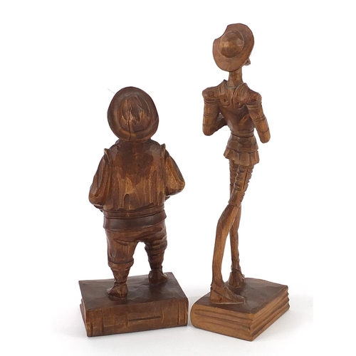 1288 - Two continental wood carvings comprising Don Quixote and Sancho Panza, the largest 26.5cm high