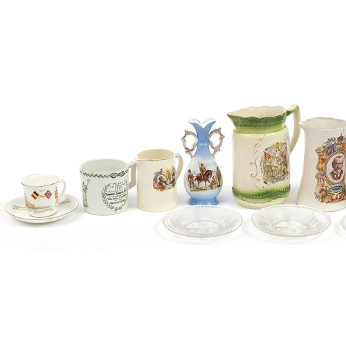 217 - Military interest commemorative china and glassware including Boer War jug and Samuel Samuel MP mug ... 