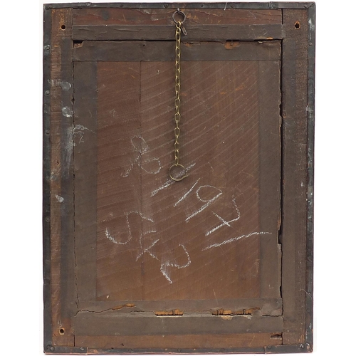 109 - Attributed to Liberty & Co, Arts & Crafts beaten copper wall mirror with inset Ruskin type cabochon,... 