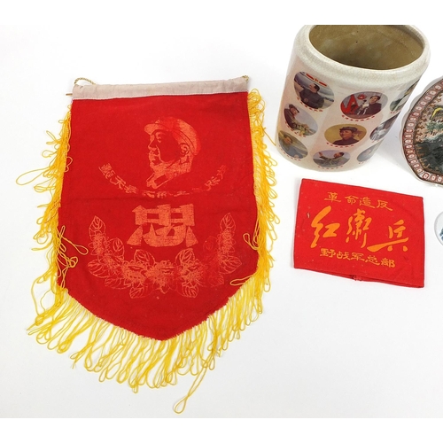 1258 - Chinese political interest collectables including arm band, porcelain dish and porcelain vase