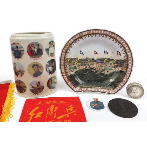 1258 - Chinese political interest collectables including arm band, porcelain dish and porcelain vase