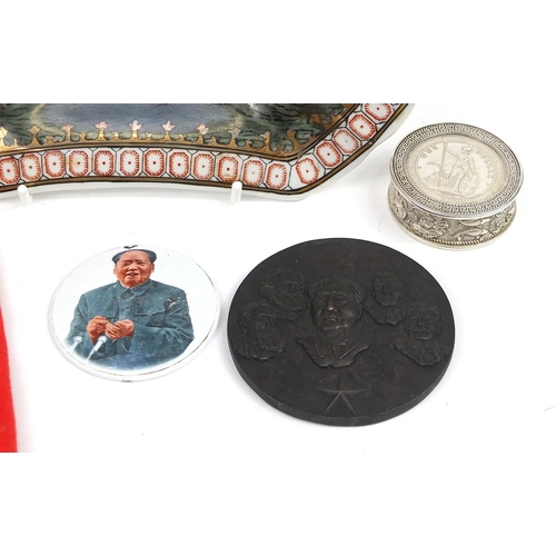 1258 - Chinese political interest collectables including arm band, porcelain dish and porcelain vase