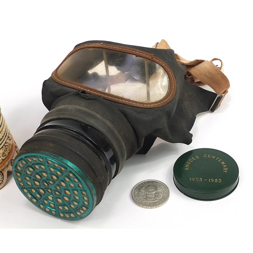 1325 - Sundry items including military interest gas mask, miner's lamp and Rhodes centenary coin