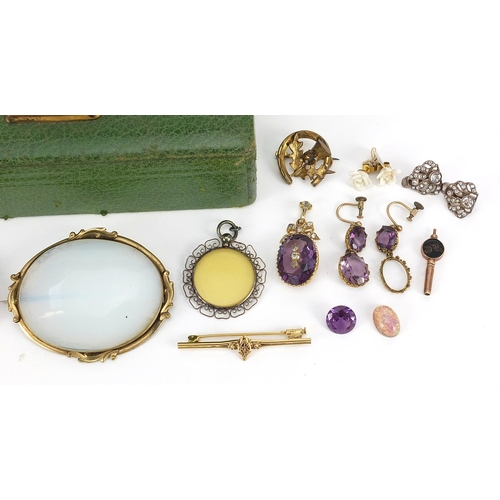 2166 - Antique and later jewellery including amethyst earrings, large opalescent brooch, silver garnet earr... 