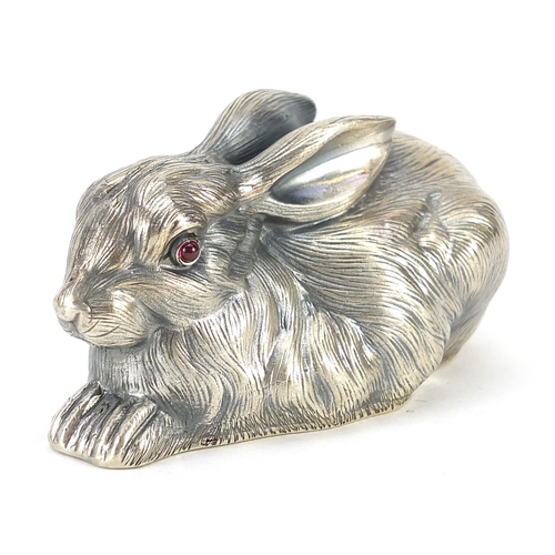 2286 - Silver recumbent rabbit paperweight with ruby eyes, impressed Russian marks to the base, 6.8cm in le... 