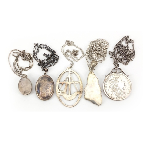 2114 - Four silver pendants and an 1883 USA dollar with pendant mount on silver necklaces, 90.0g