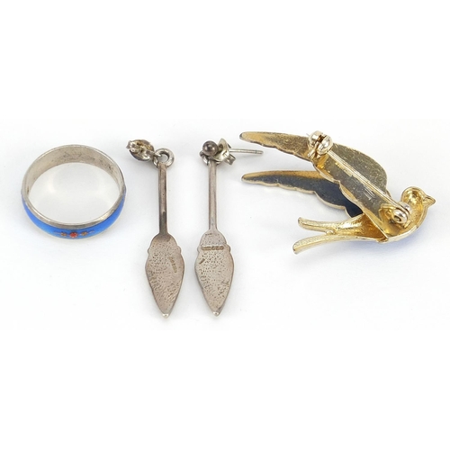 2010 - Silver and enamel jewellery including a Norwegian bird brooch, the largest 4cm high, total 12.3g