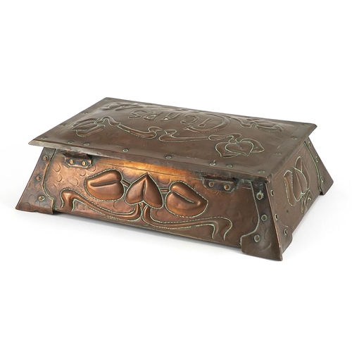 107 - Art Nouveau copper cigar box embossed with stylised flowers, 8cm H x 29cm W x 20cm D