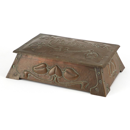 107 - Art Nouveau copper cigar box embossed with stylised flowers, 8cm H x 29cm W x 20cm D