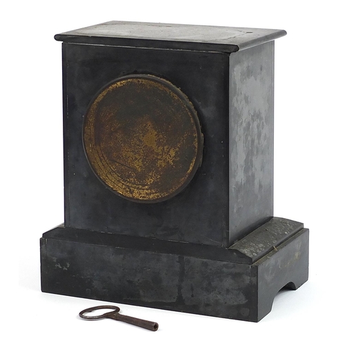 1369 - Victorian black slate and marble mantle clock with enamelled chapter ring, 25cm high