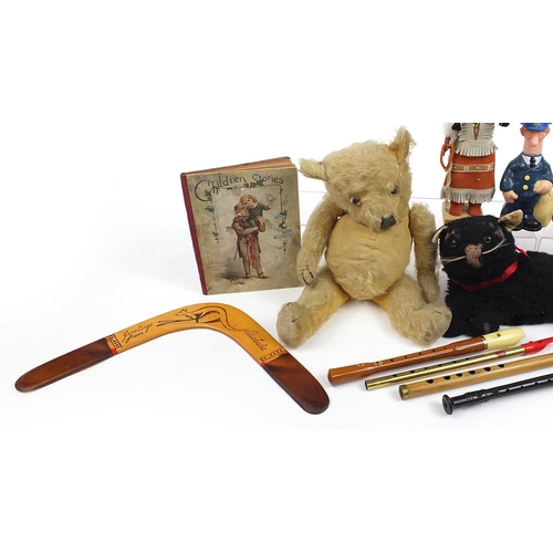 1259 - Vintage and later toys including an antique golden teddy bear, recorder instruments and black cat py... 