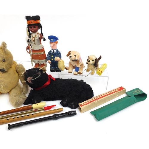 1259 - Vintage and later toys including an antique golden teddy bear, recorder instruments and black cat py... 